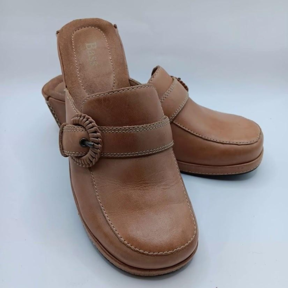 Bass Clover Shoes Womens Size 8M Tan Leather Slip On Clogs Heels Comfort Buckle - Picture 3 of 10